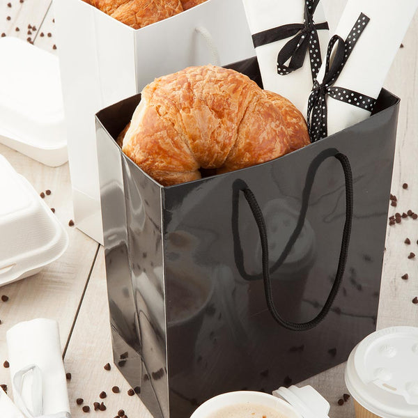 Restaurantware Vogue Rectangle Black Paper Small Shopping And Take Out Bag - Glossy Rope Handles - 6 1/2" X 3 1/4" X 7 1/2" - 10 Count Box
