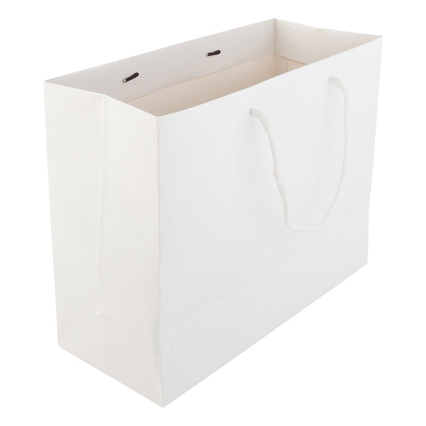 Restaurantware Vogue Rectangle White Paper Extra Large Shopping And Take Out Bag - Glossy Rope Handles - 12 1/2" X 5" X 10" - 10 Count Box