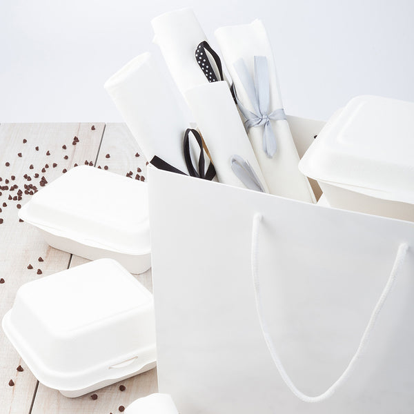 Restaurantware Vogue Rectangle White Paper Extra Large Shopping And Take Out Bag - Glossy Rope Handles - 12 1/2" X 5" X 10" - 10 Count Box