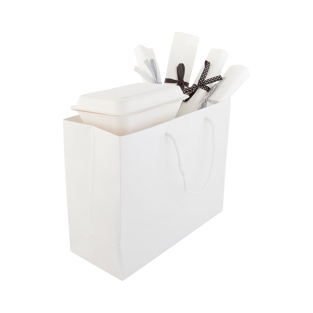 restaurantware Vogue Rectangle White Paper Extra Large Shopping and Take Out Bag - Glossy Rope Handles - 12 1/2" x 5" x 10" - 10 count box