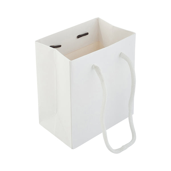 Restaurantware Vogue Rectangle White Paper Extra Small Shopping And Take Out Bag - Glossy Rope Handles - 5" X 3" X 5 1/2" - 10 Count Box
