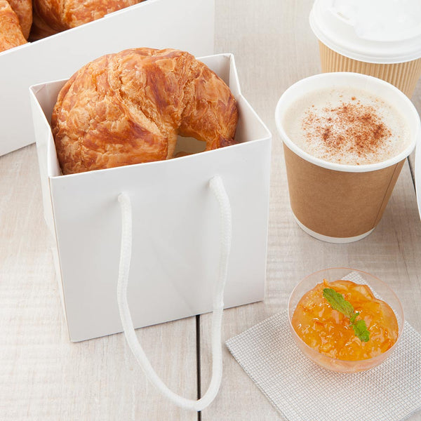 Restaurantware Vogue Rectangle White Paper Extra Small Shopping And Take Out Bag - Glossy Rope Handles - 5" X 3" X 5 1/2" - 10 Count Box
