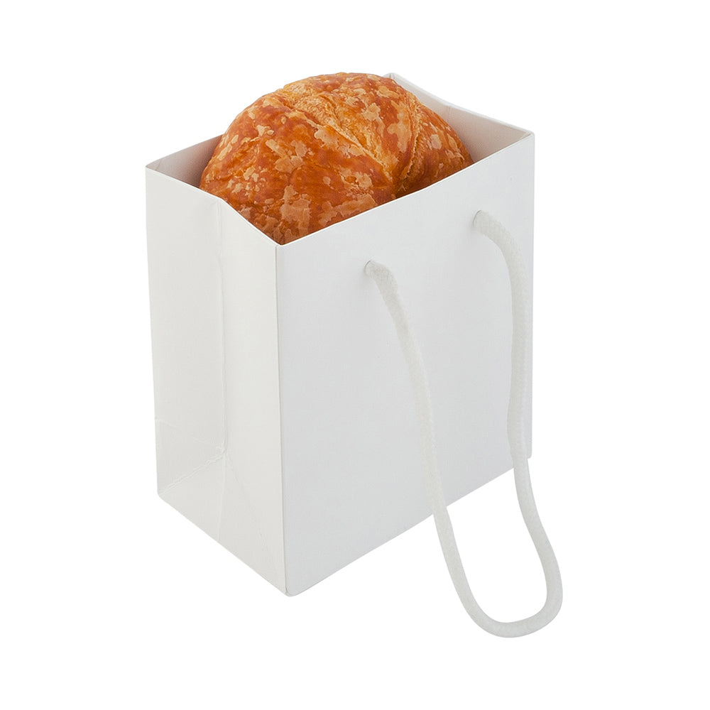 restaurantware Vogue Rectangle White Paper Extra Small Shopping and Take Out Bag - Glossy Rope Handles - 5" x 3" x 5 1/2" - 10 count box