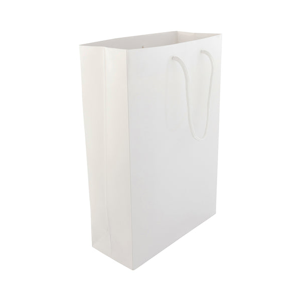 Restaurantware Vogue Rectangle White Paper Large Shopping And Take Out Bag - Glossy Rope Handles - 9 1/2" X 4" X 14" - 10 Count Box