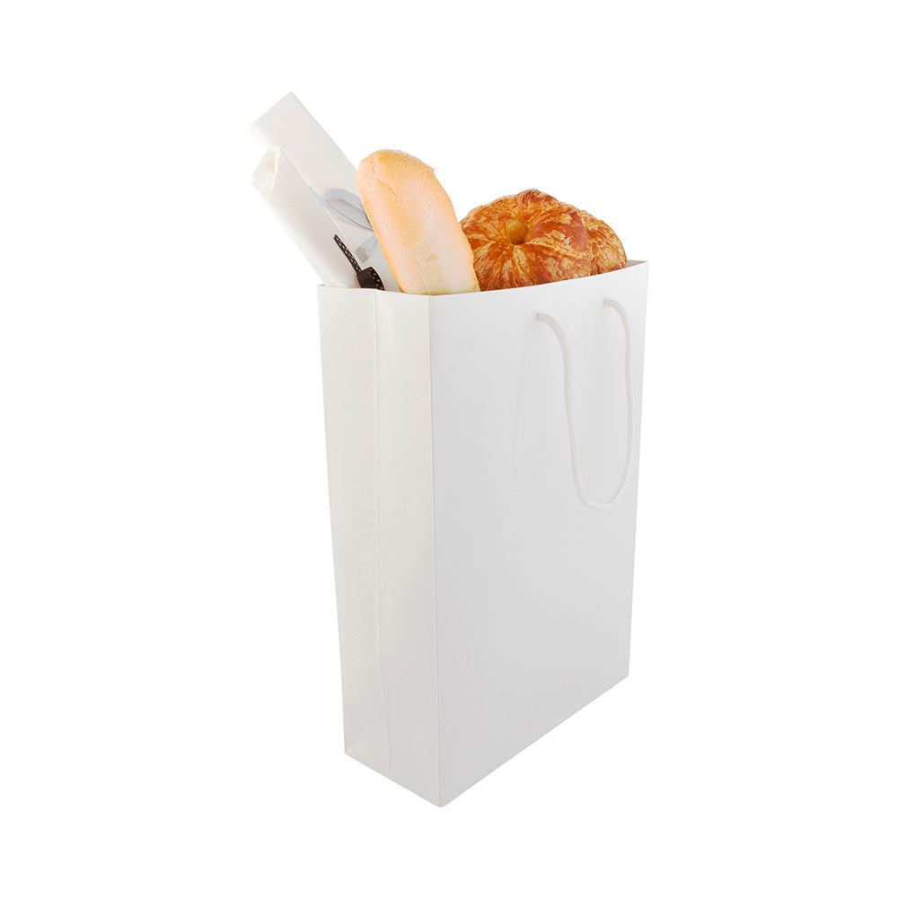 restaurantware Vogue Rectangle White Paper Large Shopping and Take Out Bag - Glossy Rope Handles - 9 1/2" x 4" x 14" - 10 count box