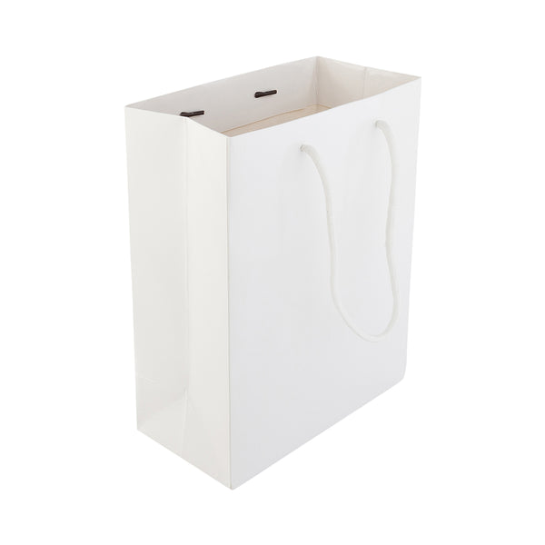 Restaurantware Vogue Rectangle White Paper Medium Shopping And Take Out Bag - Glossy Rope Handles - 8" X 4" X 10" - 10 Count Box