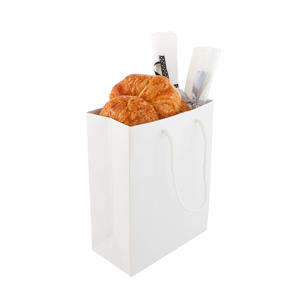restaurantware Vogue Rectangle White Paper Medium Shopping and Take Out Bag - Glossy Rope Handles - 8" x 4" x 10" - 10 count box
