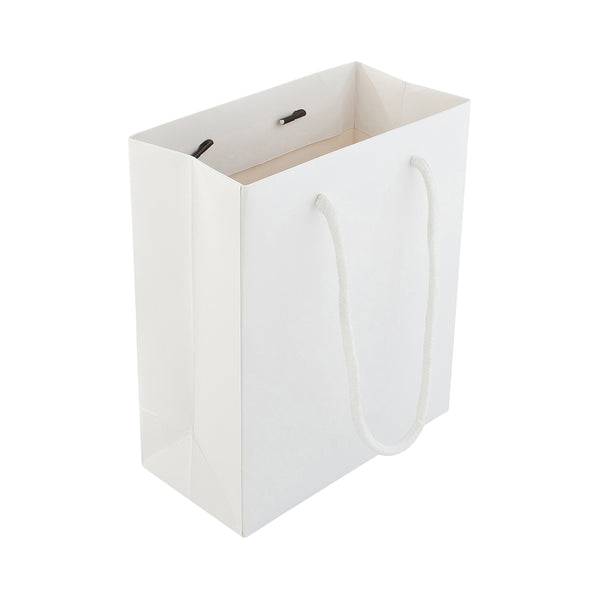 Restaurantware Vogue Rectangle White Paper Small Shopping And Take Out Bag - Glossy Rope Handles - 6 1/2" X 3 1/4" X 7 1/2" - 10 Count Box
