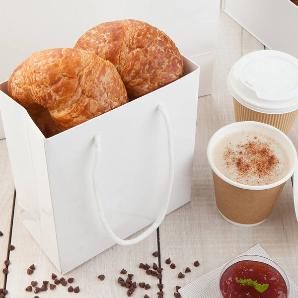 Restaurantware Vogue Rectangle White Paper Small Shopping And Take Out Bag - Glossy Rope Handles - 6 1/2" X 3 1/4" X 7 1/2" - 10 Count Box