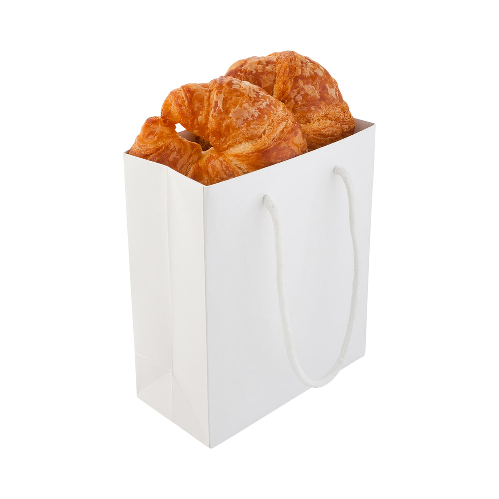 restaurantware Vogue Rectangle White Paper Small Shopping and Take Out Bag - Glossy Rope Handles - 6 1/2" x 3 1/4" x 7 1/2" - 10 count box