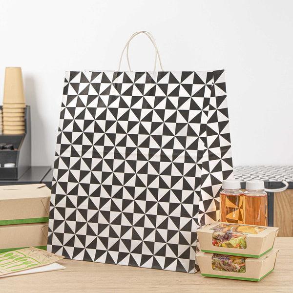 Restaurantware Vogue White Paper Large Shopping Bag - Black Geo Print With Handles - 16" X 9 3/4" X 17 1/4" - 100 Count Box
