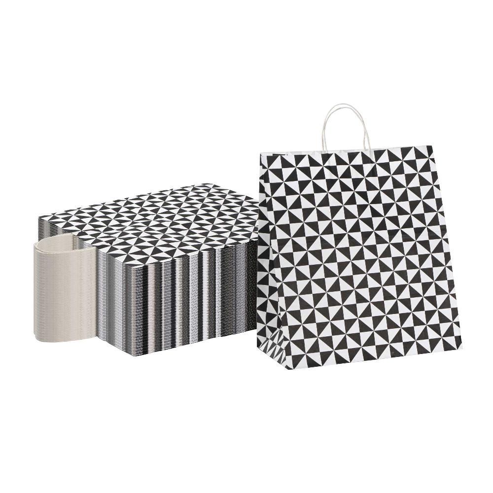 restaurantware Vogue White Paper Large Shopping Bag - Black Geo Print with Handles - 16" x 9 3/4" x 17 1/4" - 100 count box