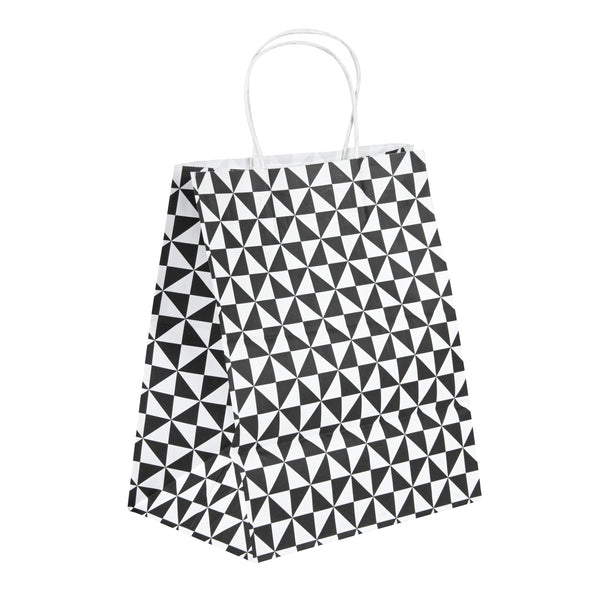Restaurantware Vogue White Paper Medium Shopping Bag - Black Geo Print With Handles - 10" X 6 3/4" X 12" - 100 Count Box