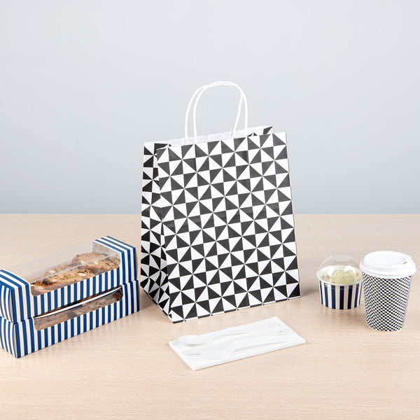 Restaurantware Vogue White Paper Medium Shopping Bag - Black Geo Print With Handles - 10" X 6 3/4" X 12" - 100 Count Box