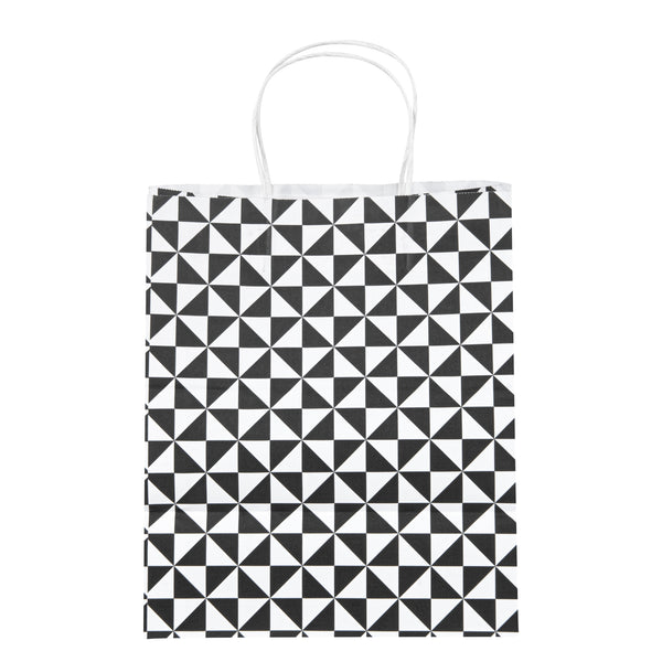 Restaurantware Vogue White Paper Medium Shopping Bag - Black Geo Print With Handles - 10" X 6 3/4" X 12" - 100 Count Box