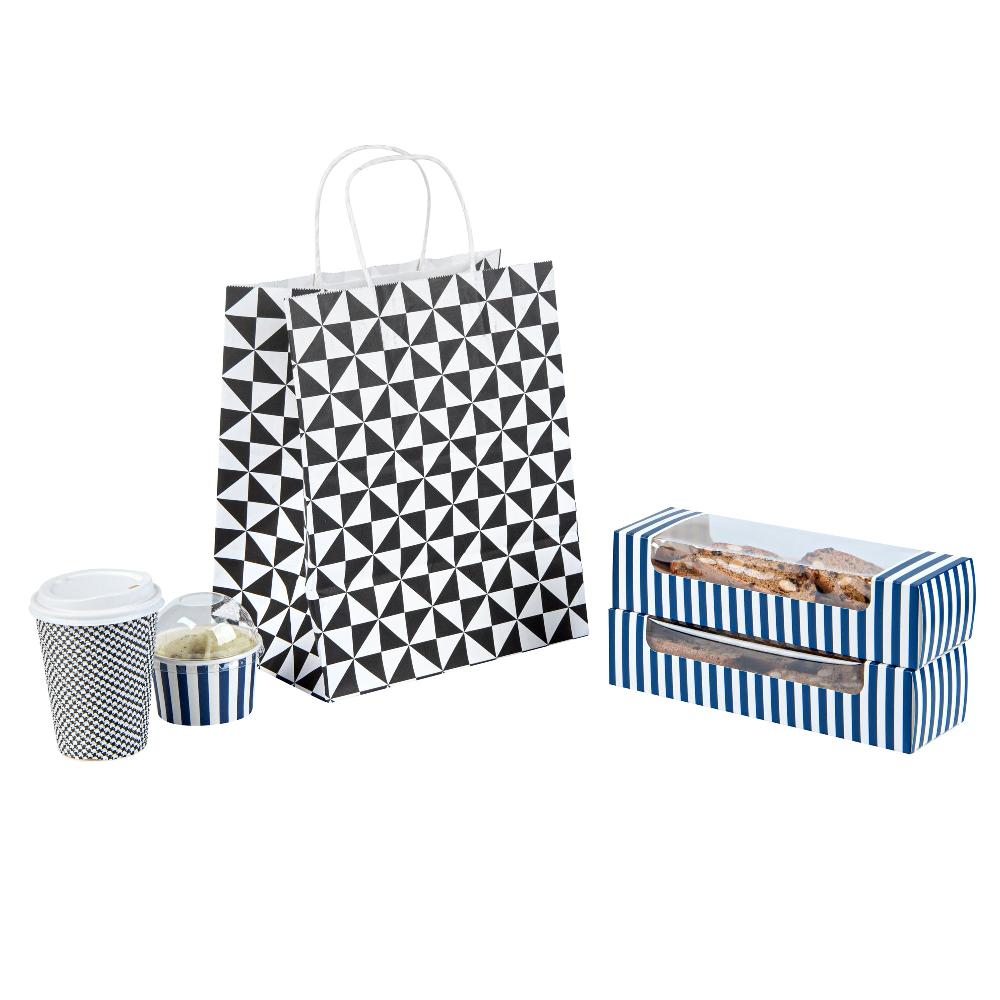 restaurantware Vogue White Paper Medium Shopping Bag - Black Geo Print with Handles - 10" x 6 3/4" x 12" - 100 count box