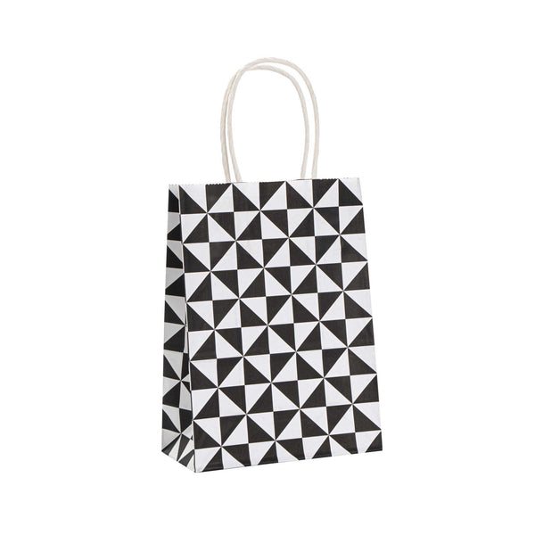 Restaurantware Vogue White Paper Small Shopping Bag - Black Geo Print With Handles - 6" X 3 1/4" X 8 1/4" - 100 Count Box