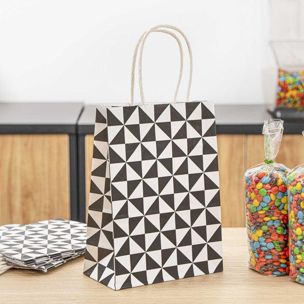 Restaurantware Vogue White Paper Small Shopping Bag - Black Geo Print With Handles - 6" X 3 1/4" X 8 1/4" - 100 Count Box