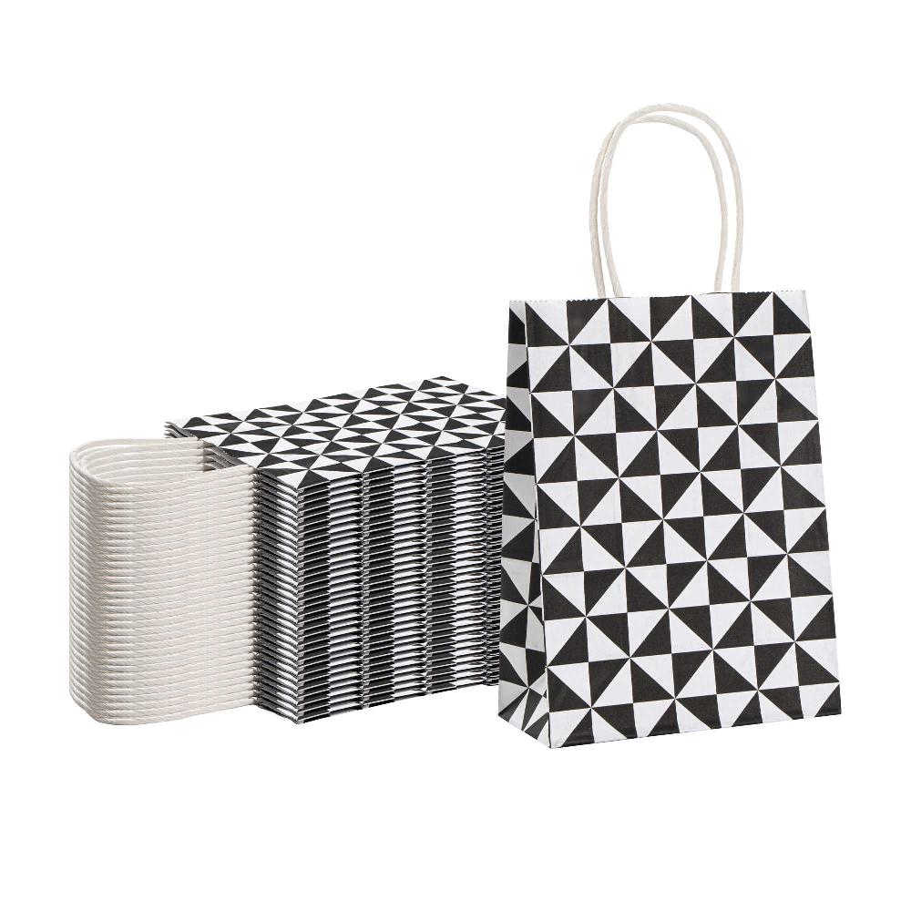 restaurantware Vogue White Paper Small Shopping Bag - Black Geo Print with Handles - 6" x 3 1/4" x 8 1/4" - 100 count box