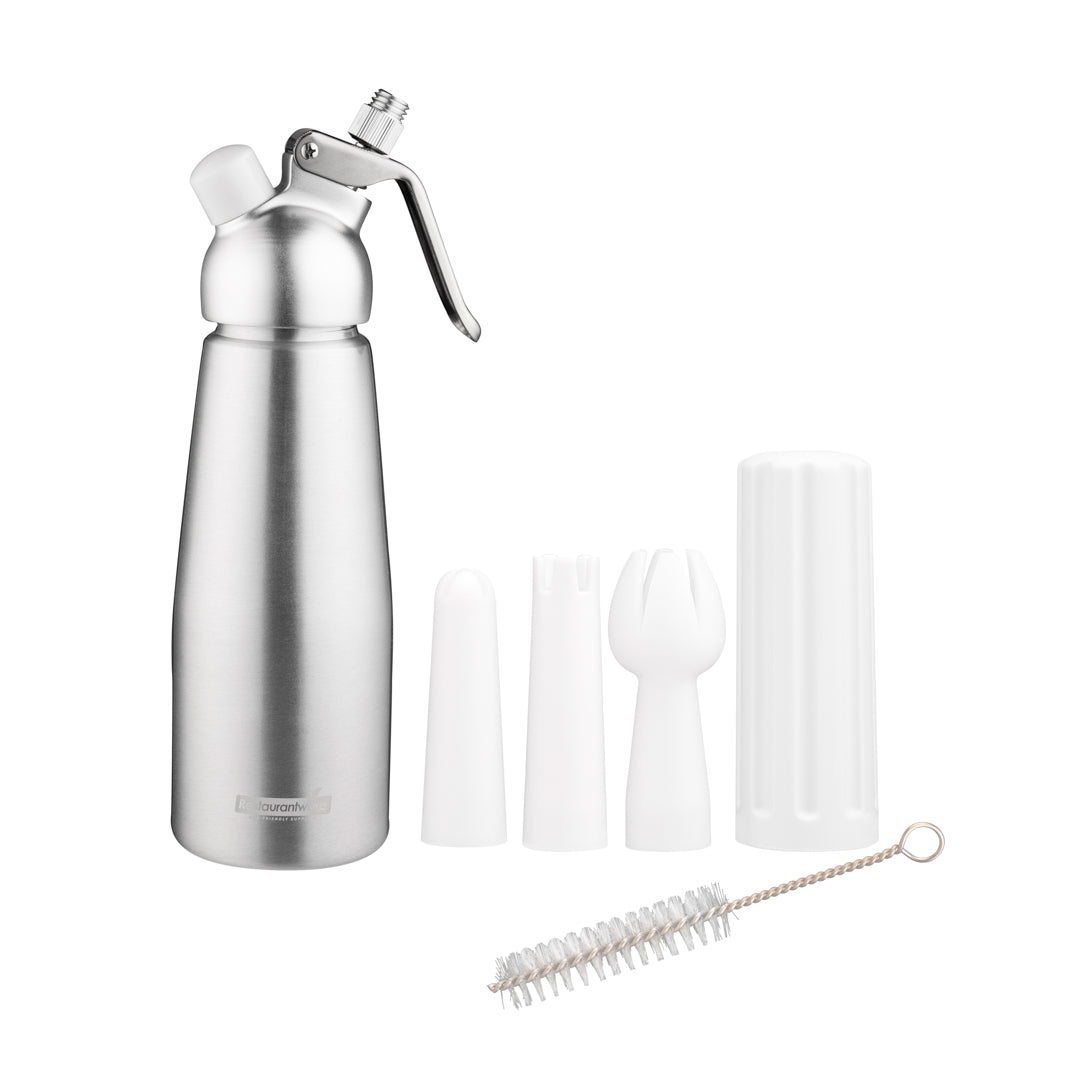 restaurantware Whip Tek 0.5L Aluminum Whipped Cream Dispenser - with 3 Plastic Decorator Tips - 1 count box