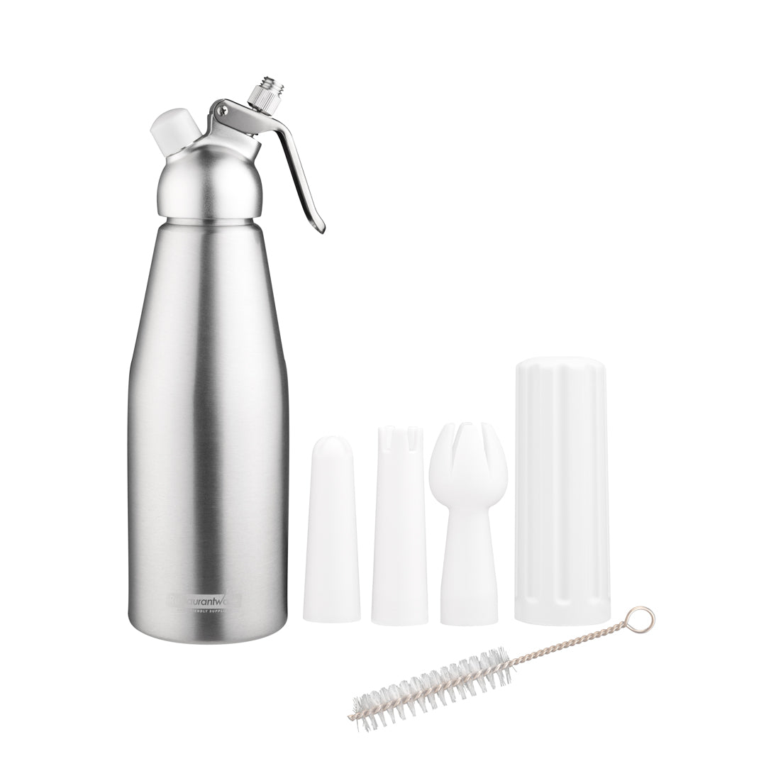 restaurantware Whip Tek 1L Aluminum Whipped Cream Dispenser - with 3 Plastic Decorator Tips - 1 count box