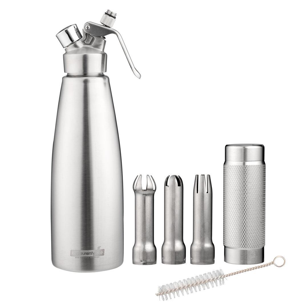 restaurantware Whip Tek 1L Stainless Steel Professional Whipped Cream Dispenser - with 3 Decorator Tips - 1 count box