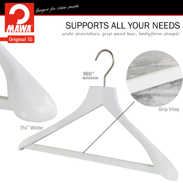 Reston Lloyd Metropolis Series Bodyform Wide Shoulder Coat Hanger With Pant Bar Profi 45/SV/HRS White Silver Hook