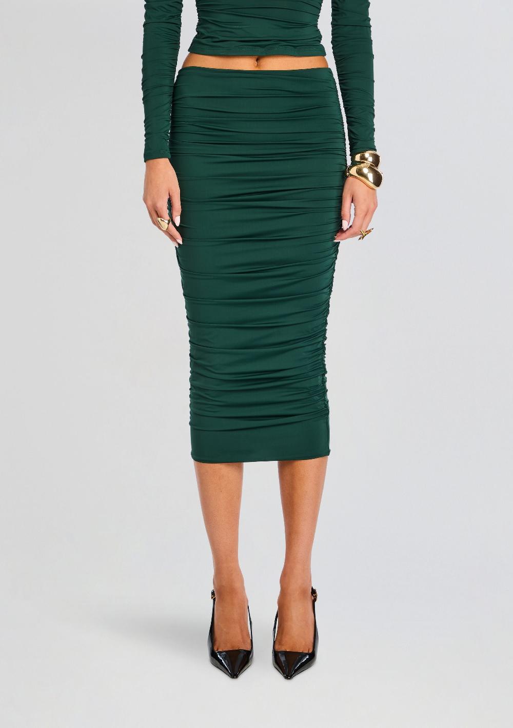 retrofête Darcy Mid Rise Ruched Midi Skirt SEROYA