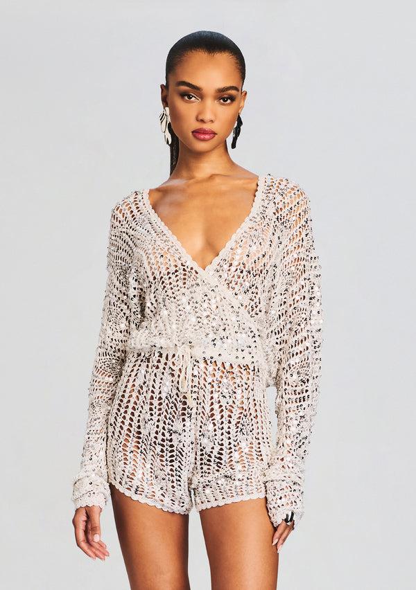 Retrofête Meadow Sequin Crochet Romper Retrofête