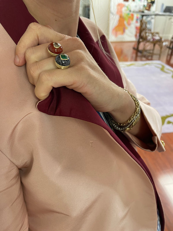 Retrouvai 0.94ct Emerald In Jasper/ 1.04ct Champagne Diamond In Carnelian Double Stone Lollipop Ring