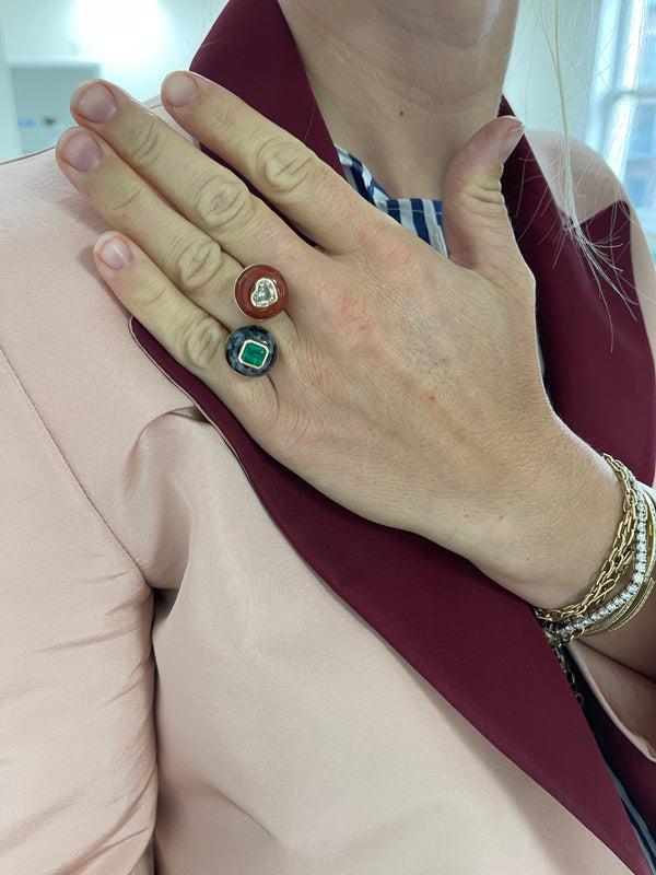 Retrouvai 0.94ct Emerald In Jasper/ 1.04ct Champagne Diamond In Carnelian Double Stone Lollipop Ring