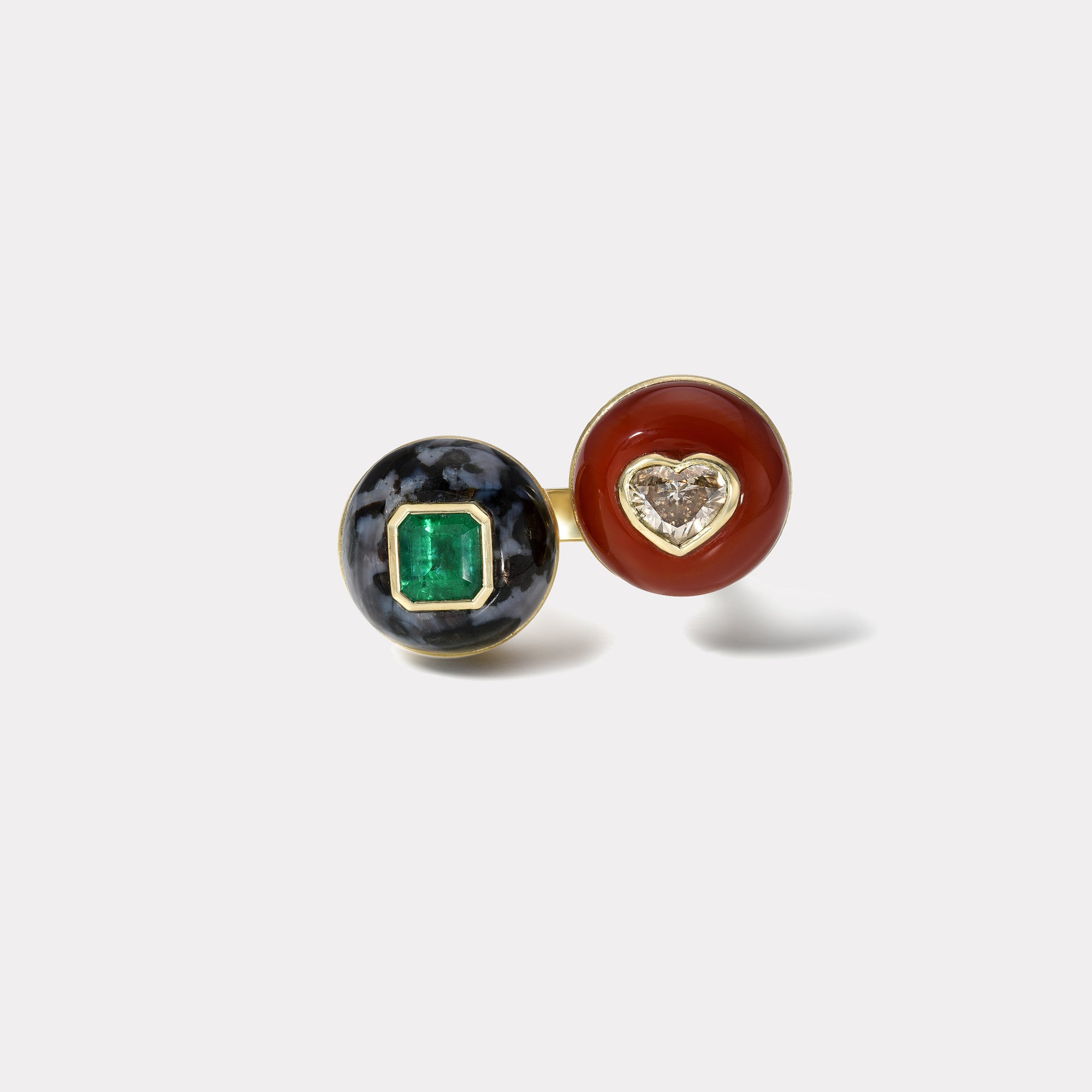 retrouvai 0.94ct Emerald in Jasper/ 1.04ct Champagne Diamond in Carnelian Double Stone Lollipop Ring
