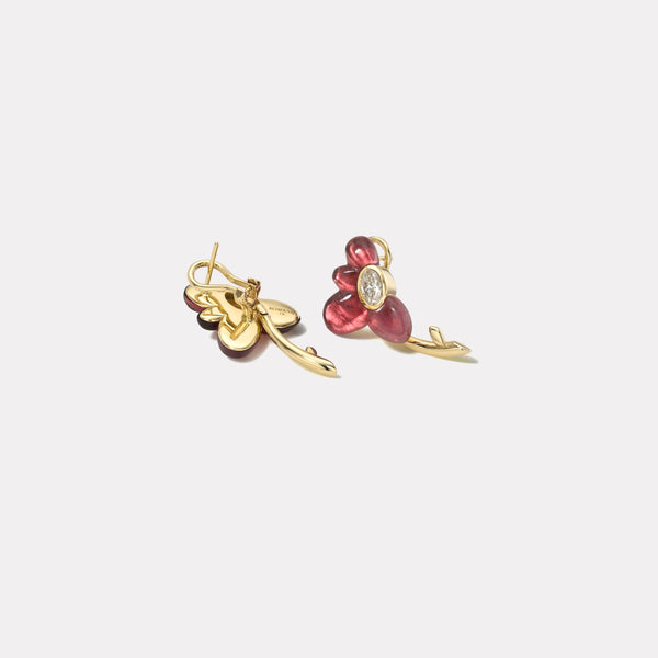 Retrouvai 1.05ct Oval Brilliant Diamonds In Hand Carved Rubellite Flower Earrings