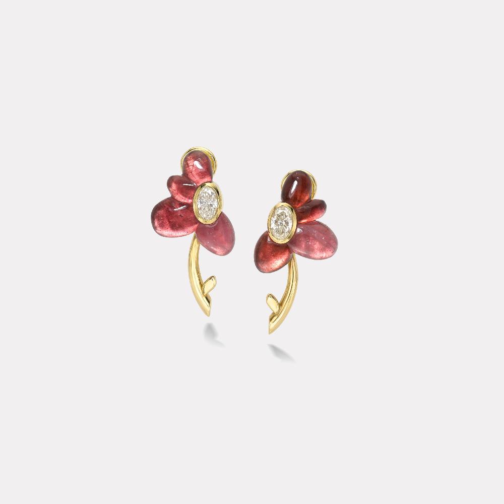 retrouvai 1.05ct Oval Brilliant Diamonds in Hand Carved Rubellite Flower Earrings