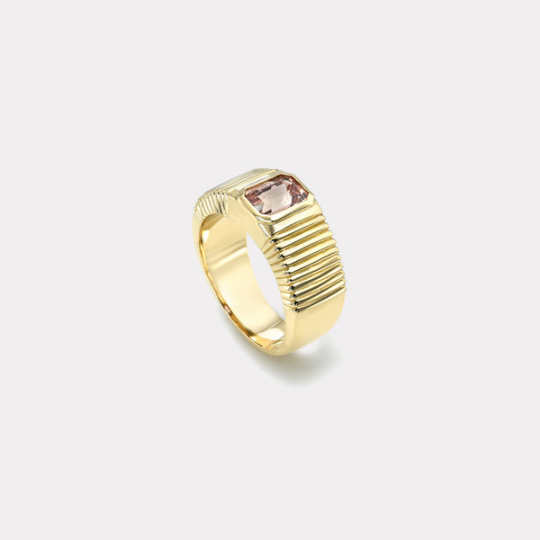 Retrouvai 1.24ct Emerald Cut Peach Brown Sapphire Pleated Solitaire Band