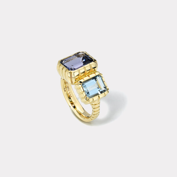 Retrouvai 1.34ct Emerald Cut Aquamarine And 3.30ct Emerald Cut Tanzanite Double Stone Heirloom Bezel Ring