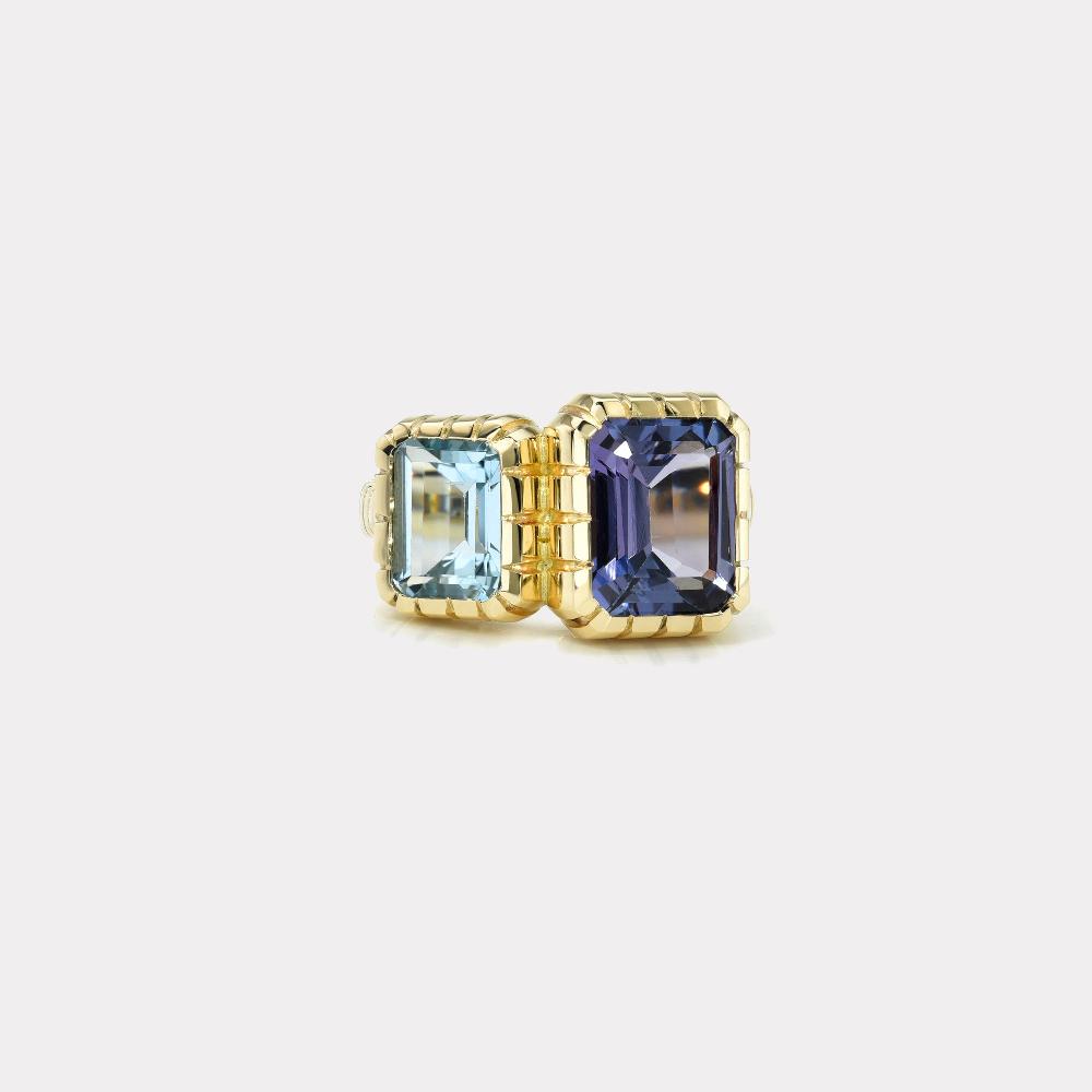 retrouvai 1.34ct Emerald Cut Aquamarine and 3.30ct Emerald Cut Tanzanite Double Stone Heirloom Bezel Ring