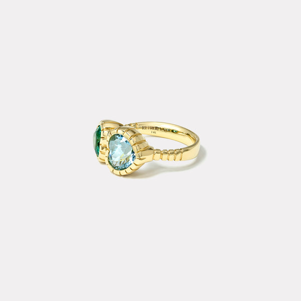 Retrouvai 1.51ct Heart Emerald And 2.24ct Heart Aquamarine Double Stone Heirloom Bezel Ring