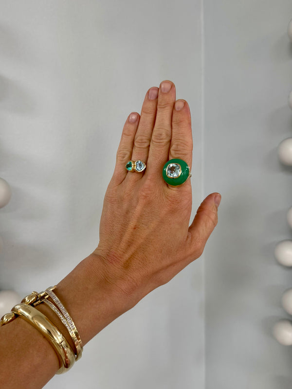 Retrouvai 1.51ct Heart Emerald And 2.24ct Heart Aquamarine Double Stone Heirloom Bezel Ring