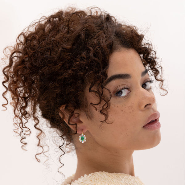 Retrouvai 1.52ct Oval Emerald Diamond Halo Heirloom Bezel Earrings