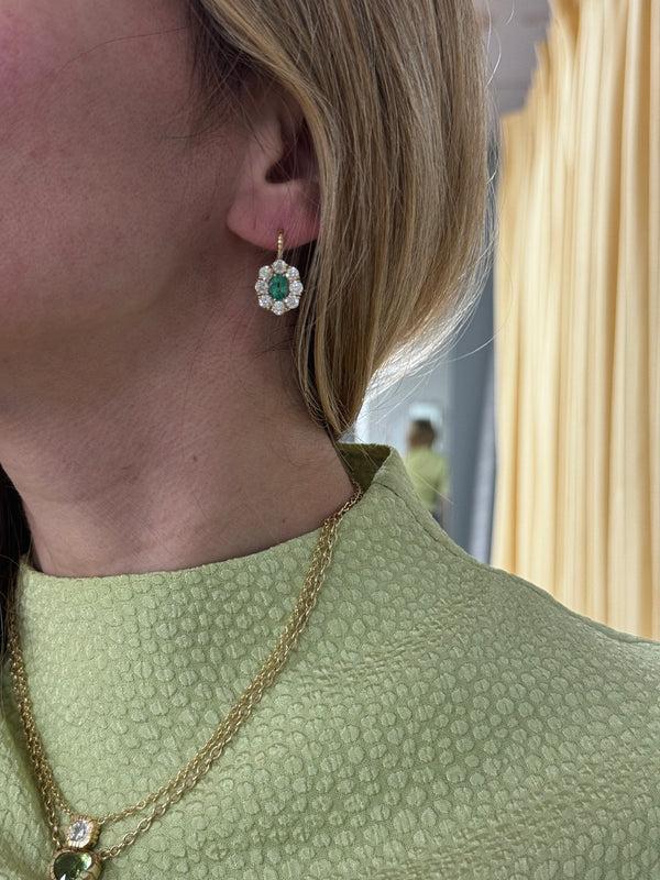 Retrouvai 1.52ct Oval Emerald Diamond Halo Heirloom Bezel Earrings