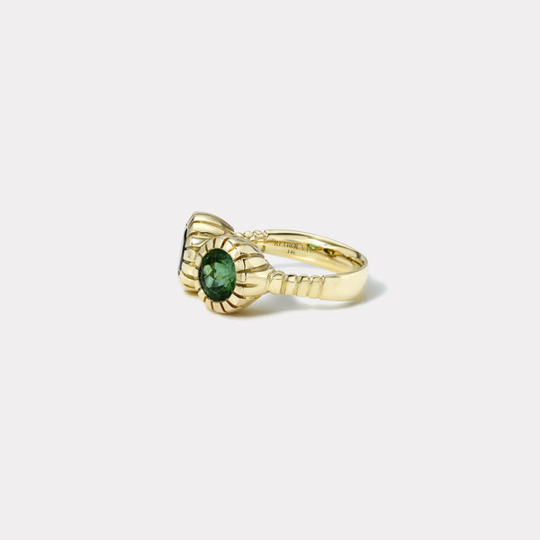 Retrouvai 1.52ct Round Olive Green Tourmaline And 1.38ct Round Forest Green Tourmaline Heirloom Bezel Ring
