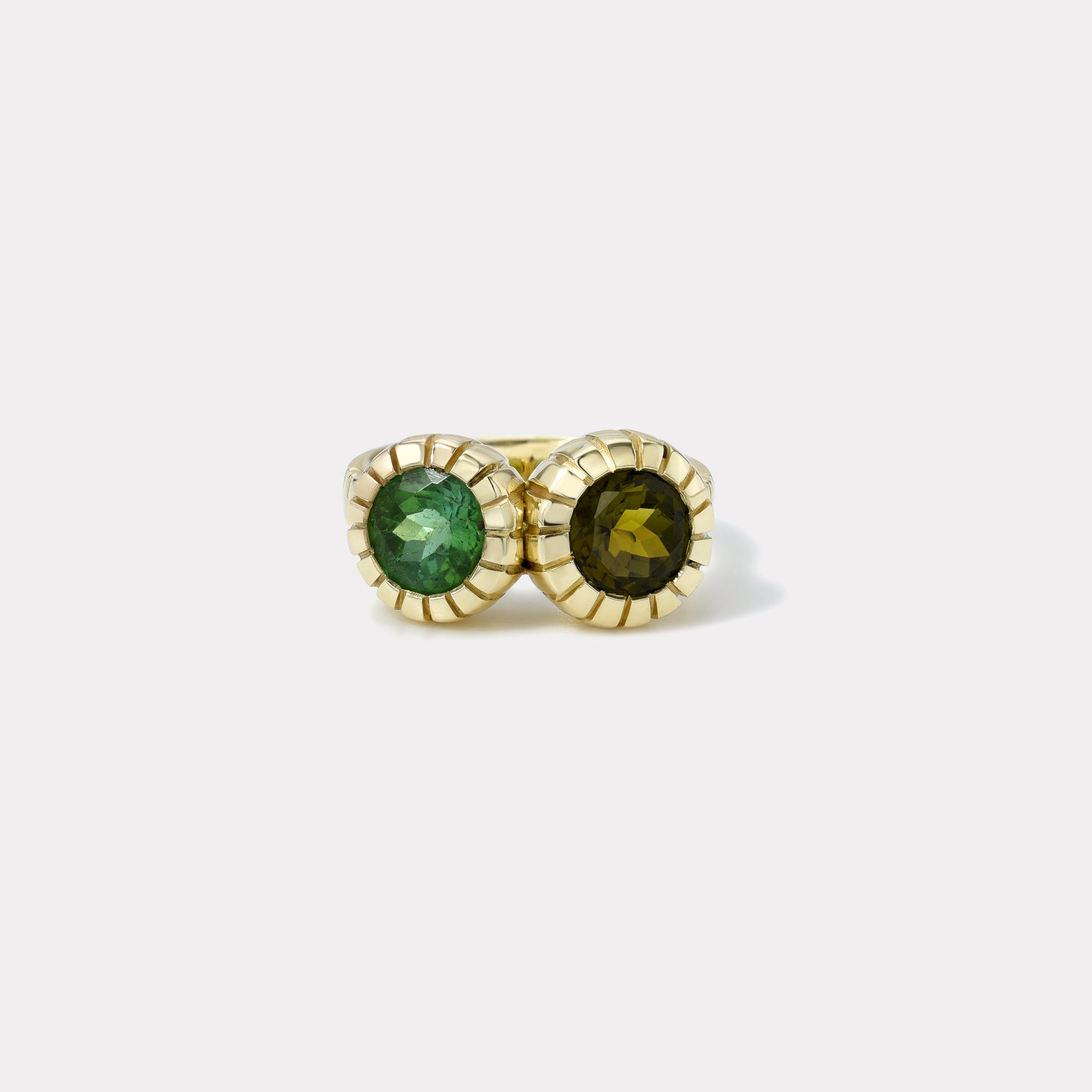 retrouvai 1.52ct Round Olive Green Tourmaline and 1.38ct Round Forest Green Tourmaline Heirloom Bezel Ring