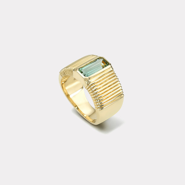 Retrouvai 1.55ct Emerald Cut Green Tourmaline Pleated Solitaire Band