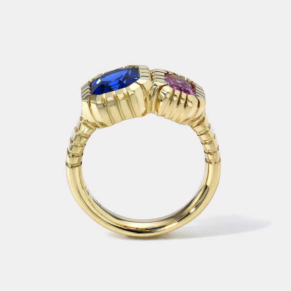 Retrouvai 1.62ct Blue Sapphire And 0.67ct Bubblegum Pink Sapphire Double Stone Heirloom Bezel Ring