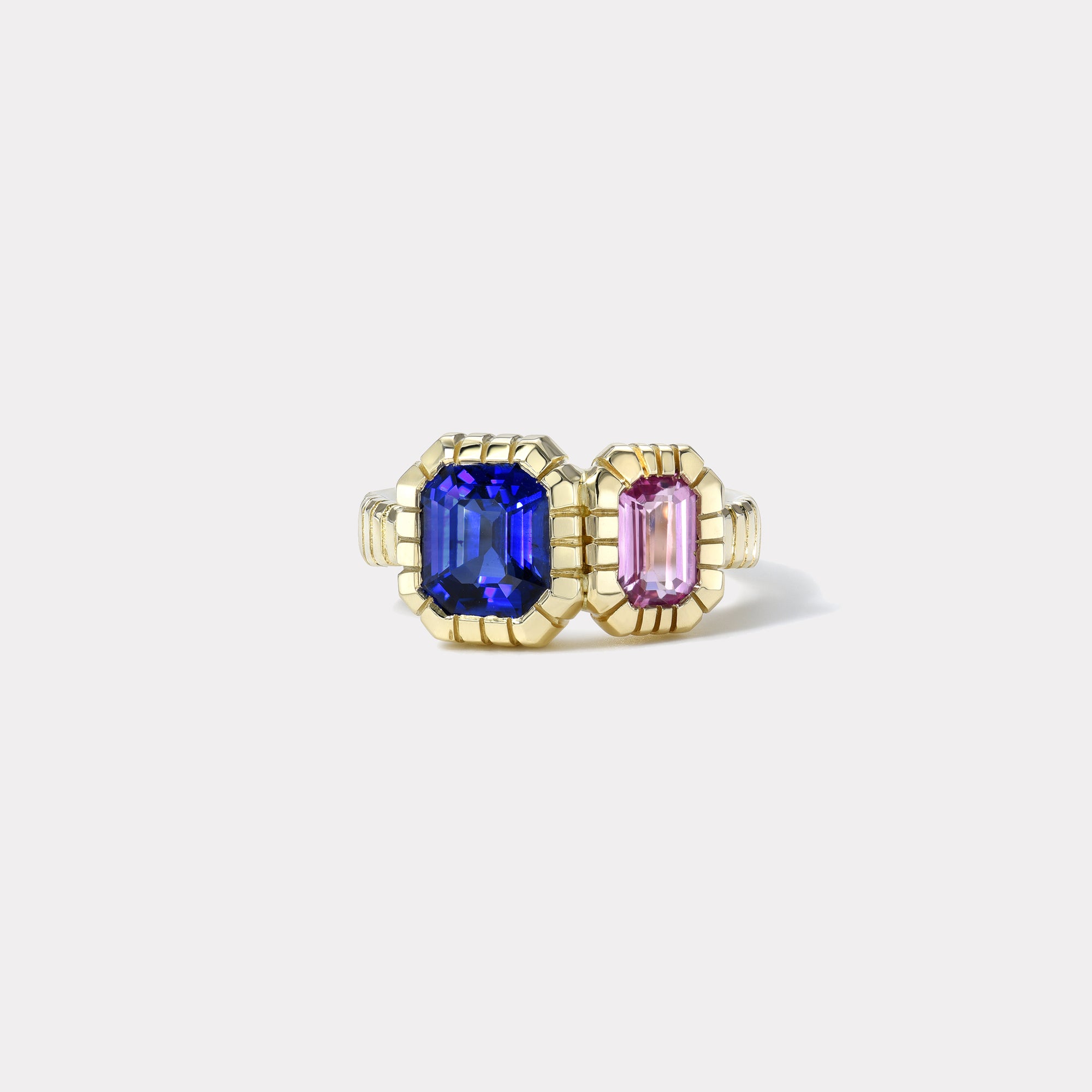 retrouvai 1.62ct Blue Sapphire and 0.67ct Bubblegum Pink Sapphire Double Stone Heirloom Bezel Ring