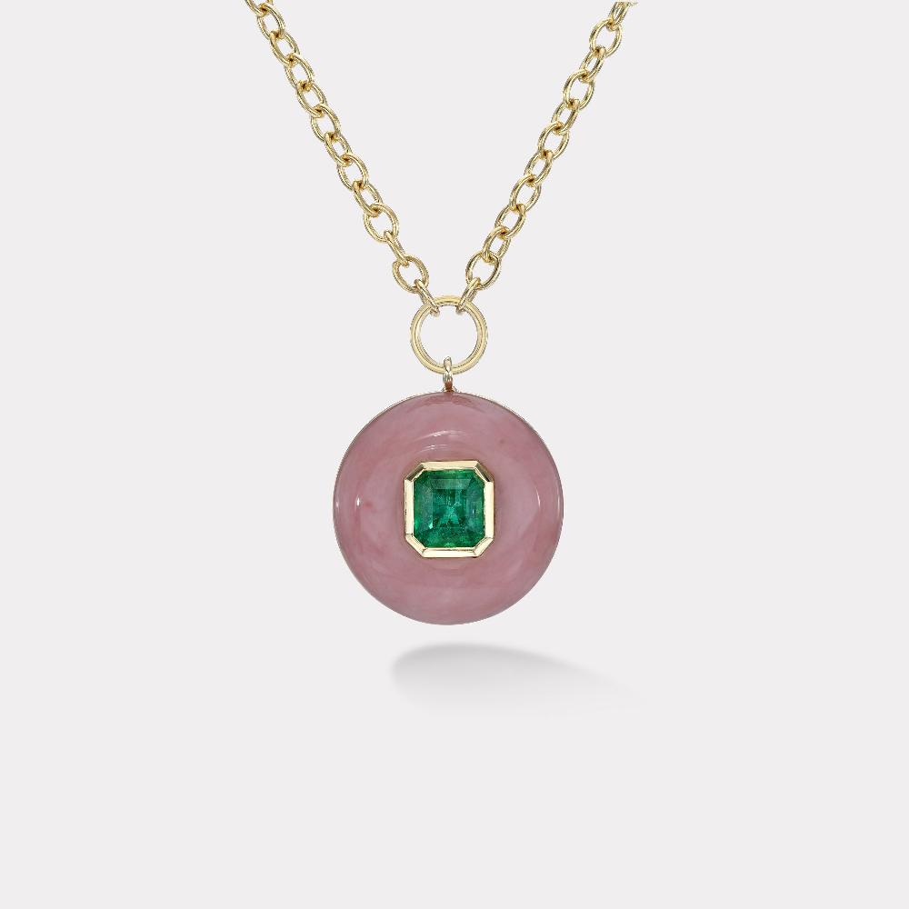 retrouvai 1.6ct Emerald in Hand Carved Pink Opal Lollipop Pendant