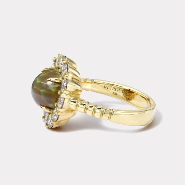 Retrouvai 1.7ct Brown Opal Cabochon Diamond Heirloom Bezel Ring