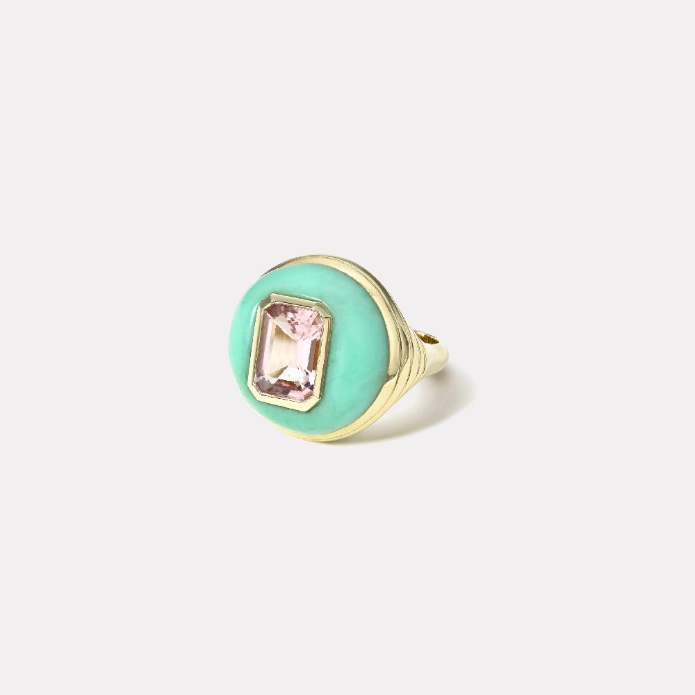 retrouvai 1.87ct Emerald Cut Morganite in Hand Carved Chrysoprase Petite Lollipop Ring