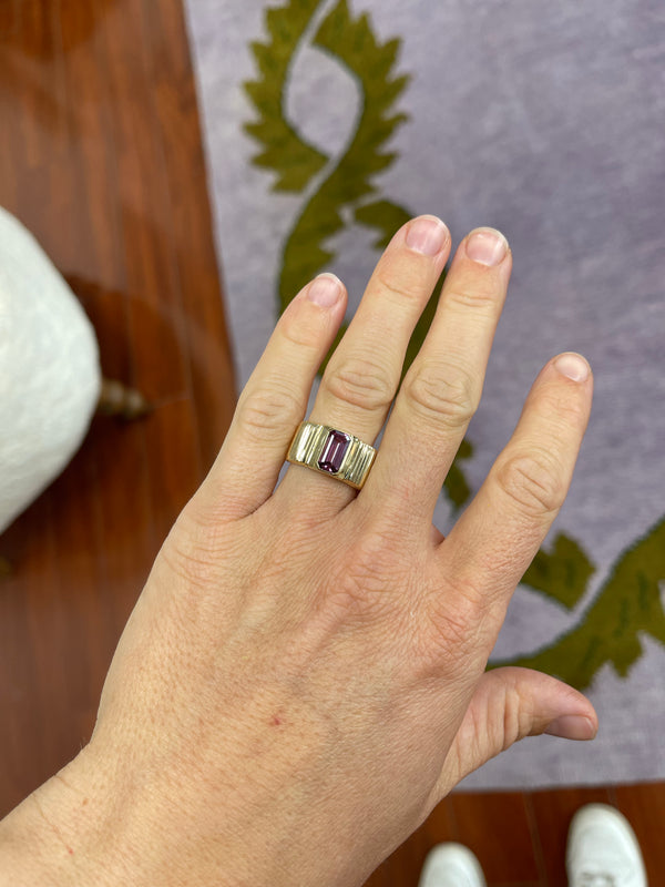 Retrouvai 1.95ct Emerald Cut Lotus Garnet Pleated Solitaire Band